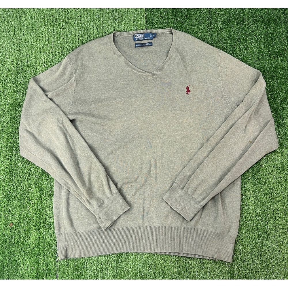 Polo Ralph Lauren Mens Large Olive Green Pima Cotton V-Neck Sweater Pony Logo